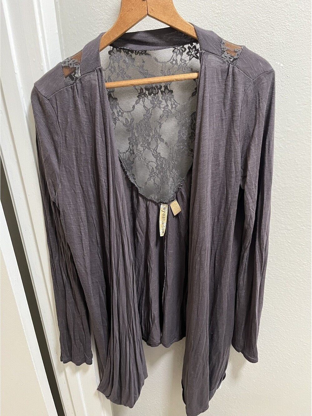 Y2K Eyeshadow Long Gray Lace Trim Open Front Cardigan Sz M